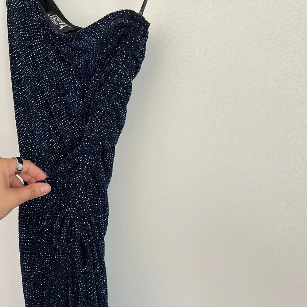 Vintage NWT Blue Sparkle Glitter One Shoulder Y2K Ruched Dress Size L - Picture 9 of 13